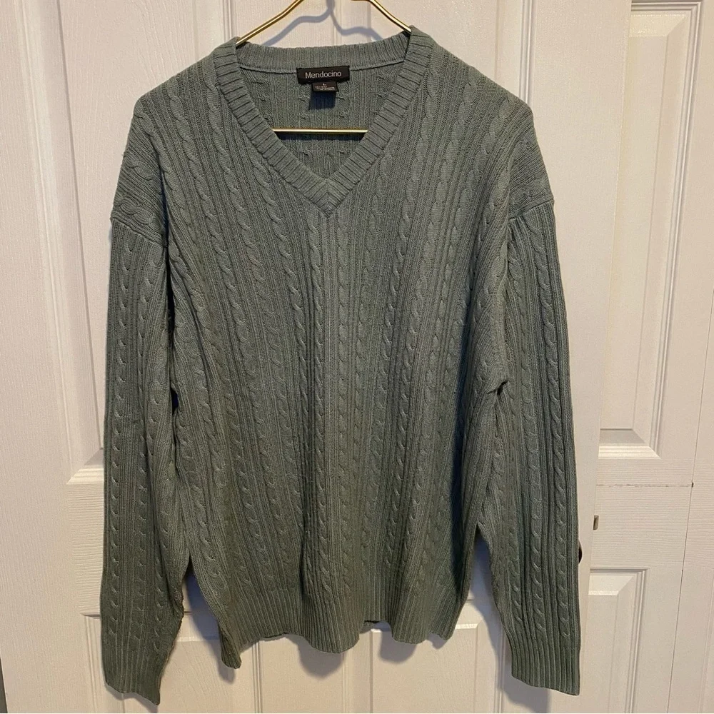 Mendocino cable blue v neck sweater silk cashmere blend Large
